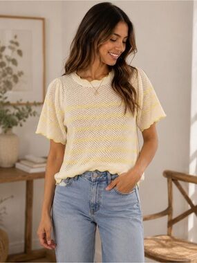 Wit & Wisdom Cream Yellow Stripe Knit Short Sleeve Sweater Size L